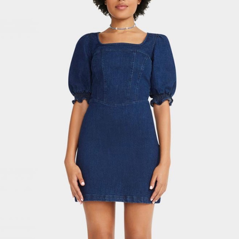 Betsey Johnson Do It In Denim Dress Medium Wash Blue Puff Sleeve